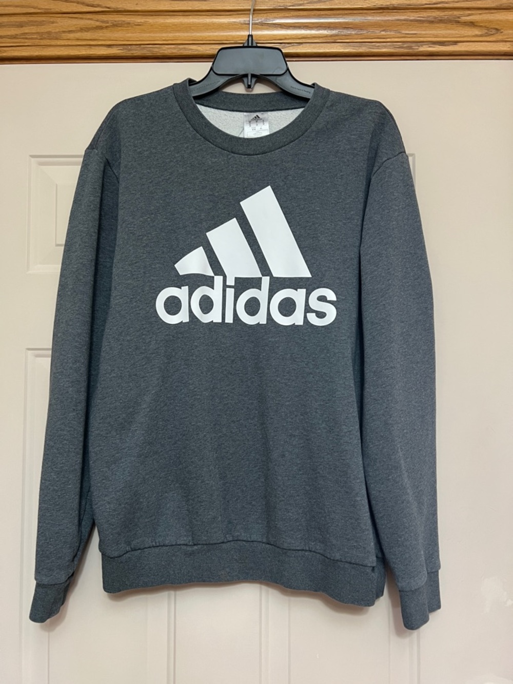 Adidas dark gray white logo crew sweatshirt.